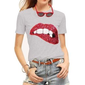 Women's Sequined lip print tshirt